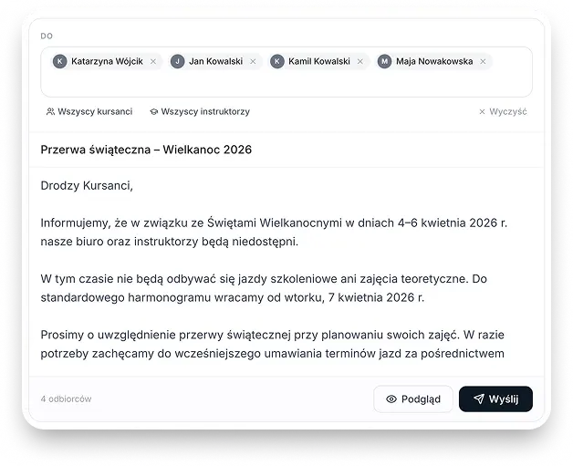 Masowy e-mail do kursantów w panelu szkoły